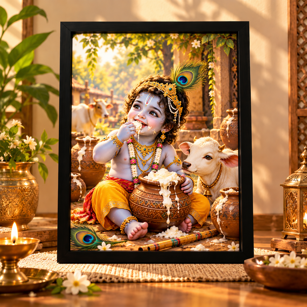 Pack of 4 Lord Krishna Wall Art Frames | Divine Pooja Room Decor