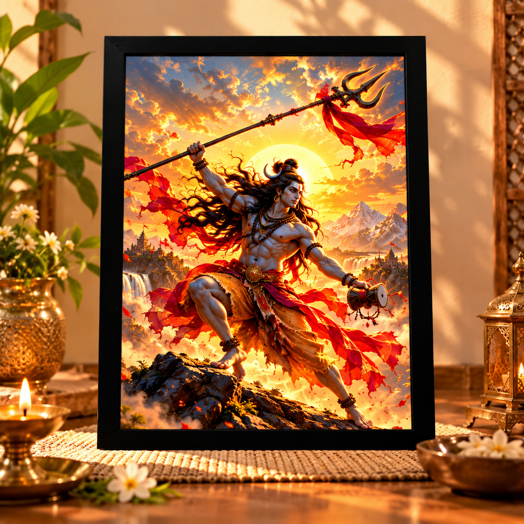 Premium Lord Shiva Wall Art Frames – Pack of 4 | A4 Black Wooden Photo Frames | Divine Religious Artwork for Home & Pooja Room