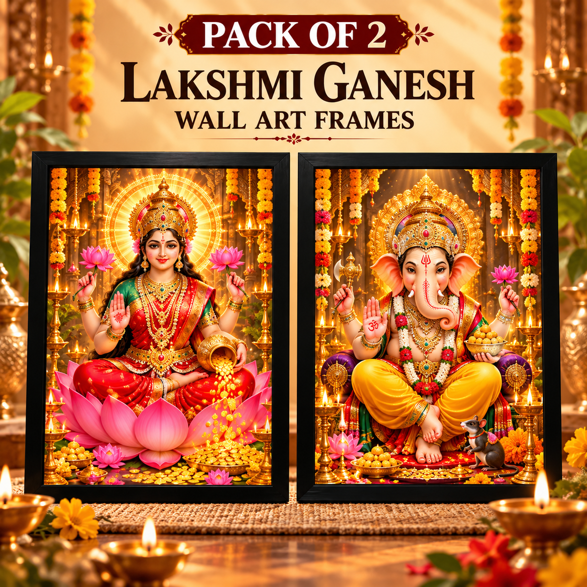 Diwali Special Pack of 2 Lakshmi Ganesh Wall Art Frames | A4 Black Wooden Photo Frames | Hindu God Home Decor & Festive Gift