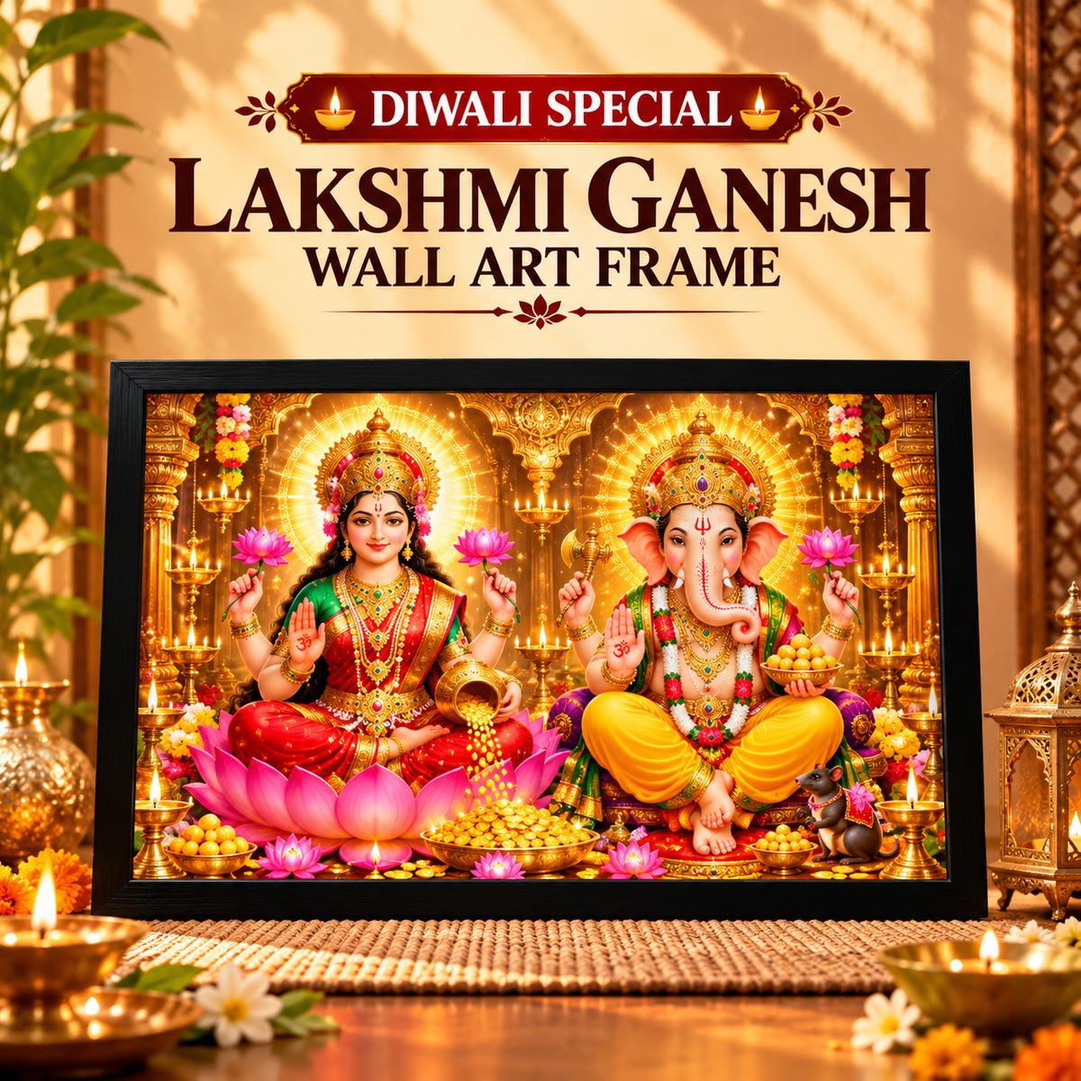 Diwali Special Lakshmi Ganesh Wall Art Frame | A4 Horizontal Black Wooden Frame | Divine Home Decor & Festive Gift