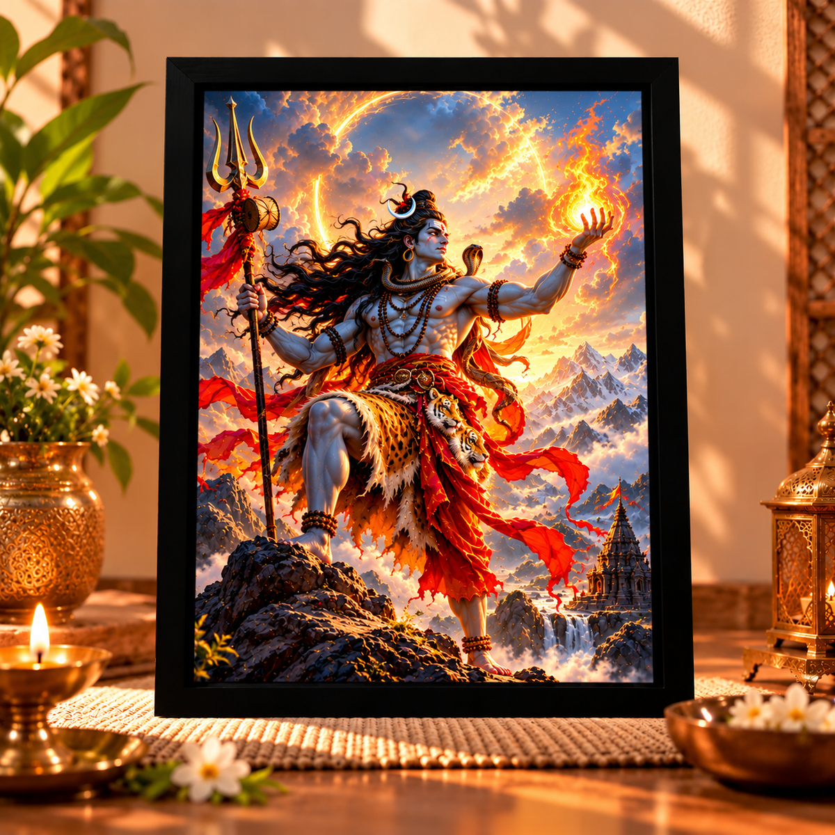 Premium Lord Shiva Wall Art Frames – Pack of 4 | A4 Black Wooden Photo Frames | Divine Religious Artwork for Home & Pooja Room