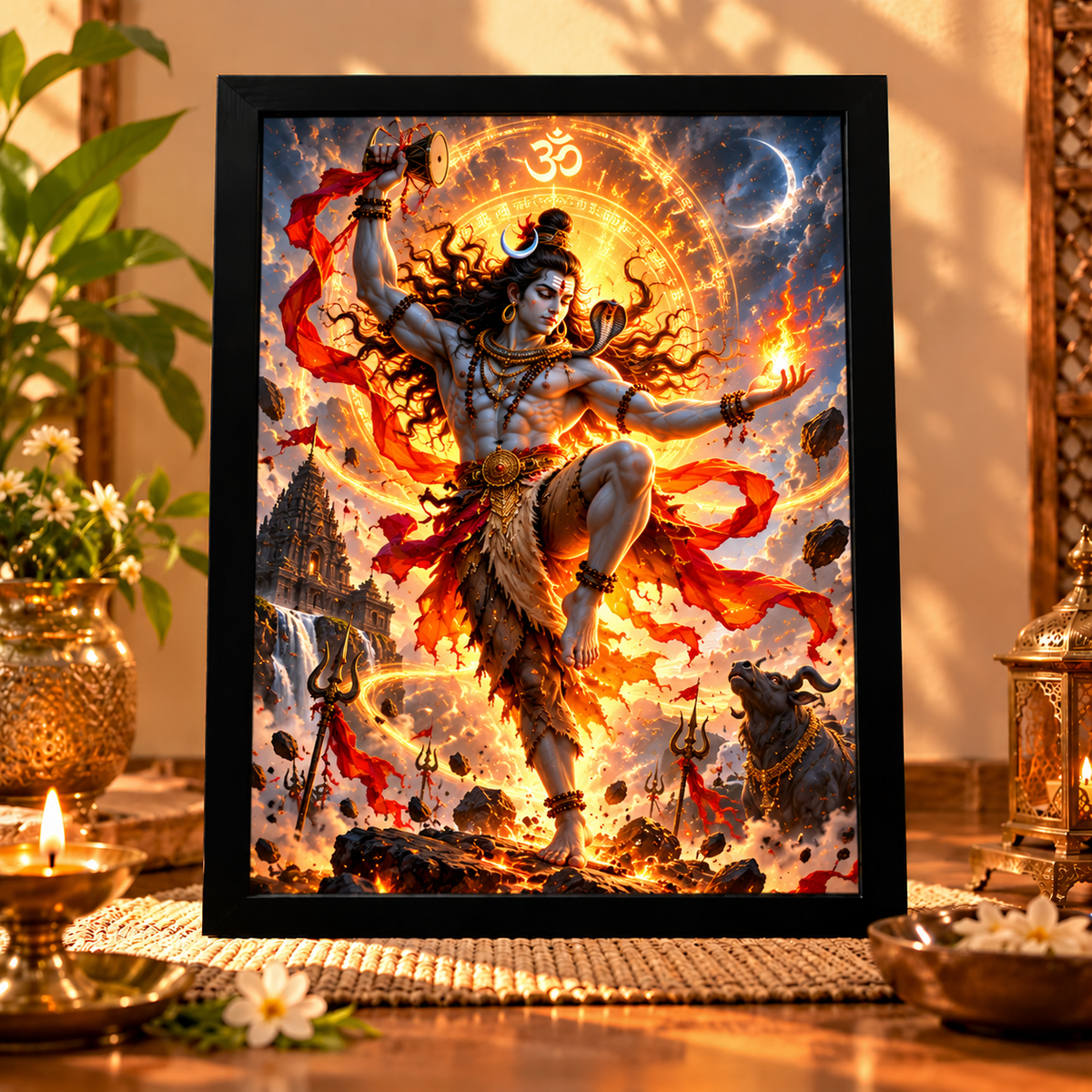 Premium Lord Shiva Wall Art Frames – Pack of 4 | A4 Black Wooden Photo Frames | Divine Religious Artwork for Home & Pooja Room