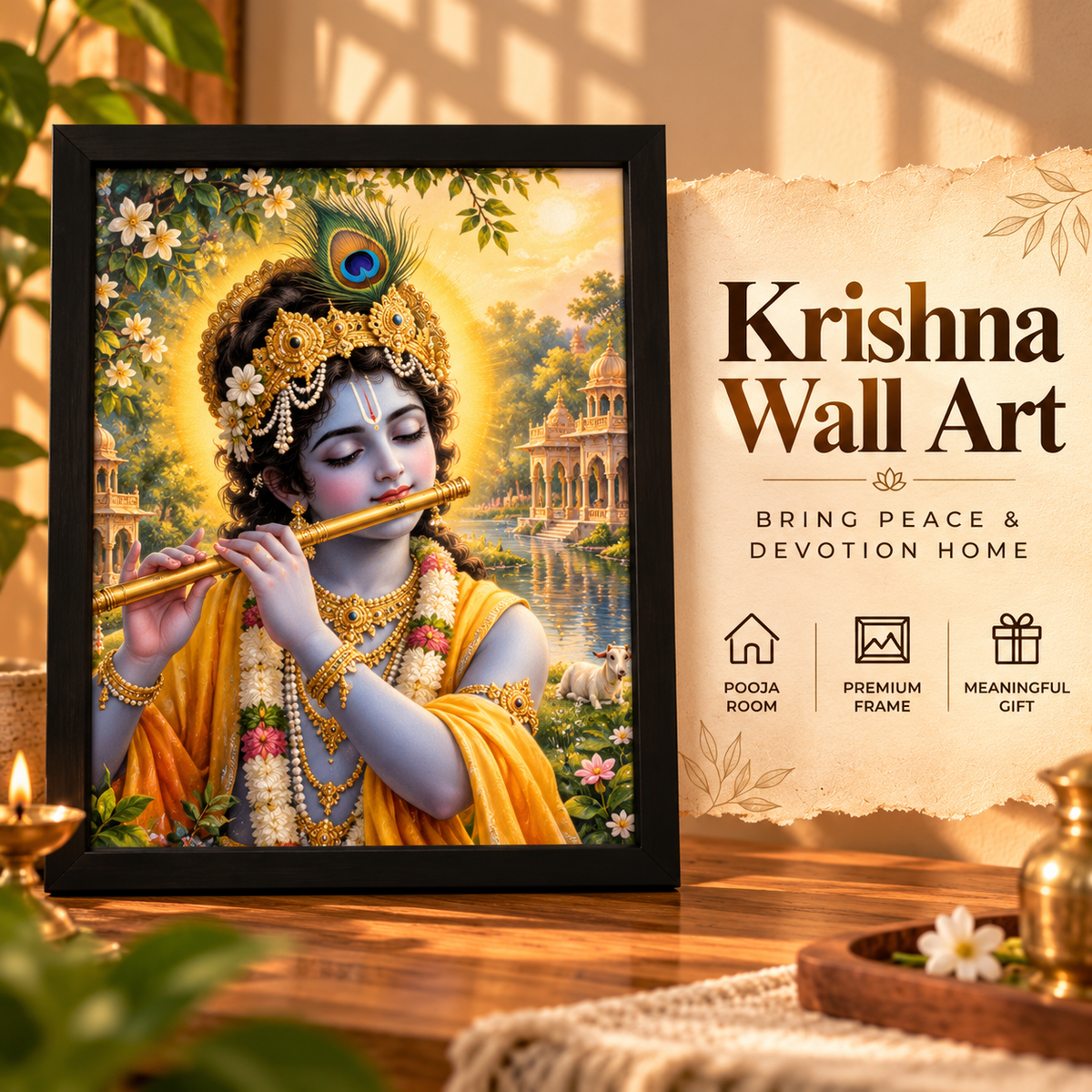 Single Lord Krishna Wall Art Frame | Premium Spiritual Home Decor