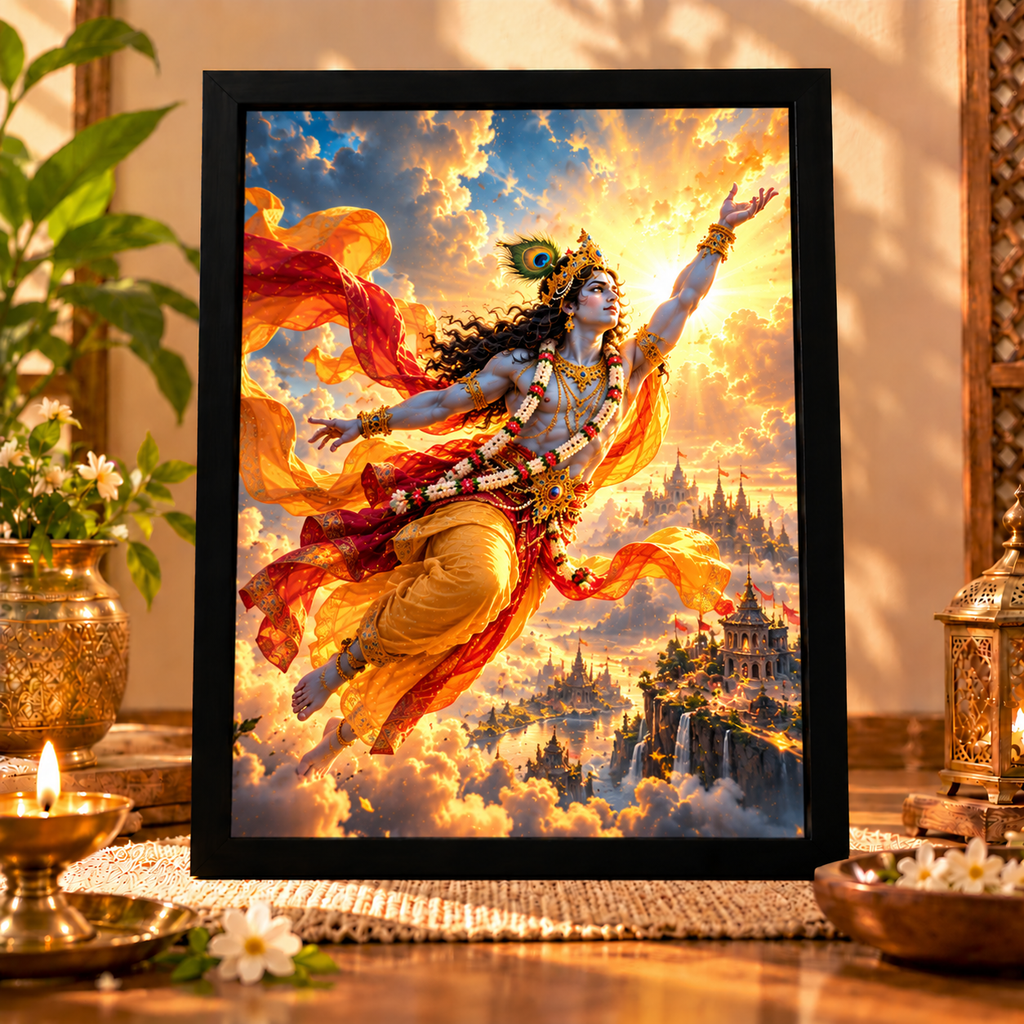 Premium Krishna Photo Frame with Black Frame | A4 Religious Wall Art for Home Décor & Pooja Room