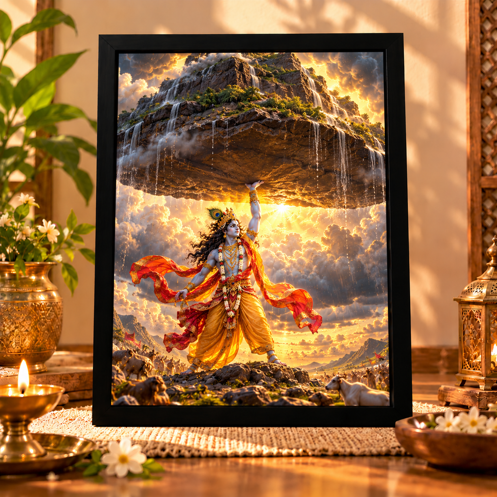 Premium Krishna Photo Frame with Black Frame | A4 Religious Wall Art for Home Décor & Pooja Room