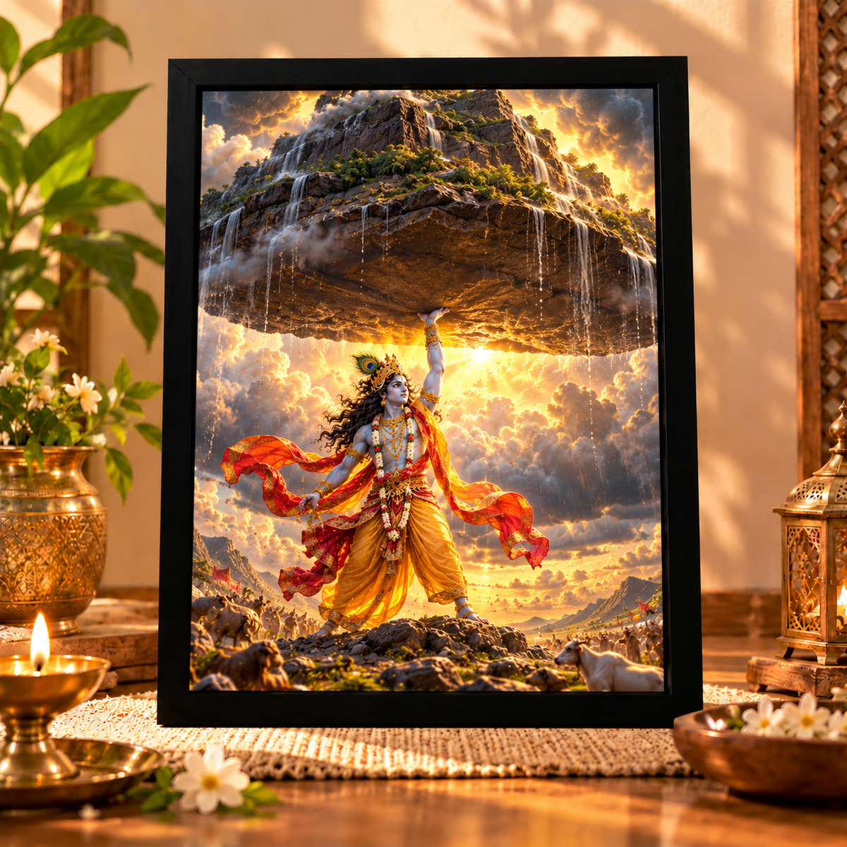 Premium Krishna Photo Frame with Black Frame | A4 Religious Wall Art for Home Décor & Pooja Room