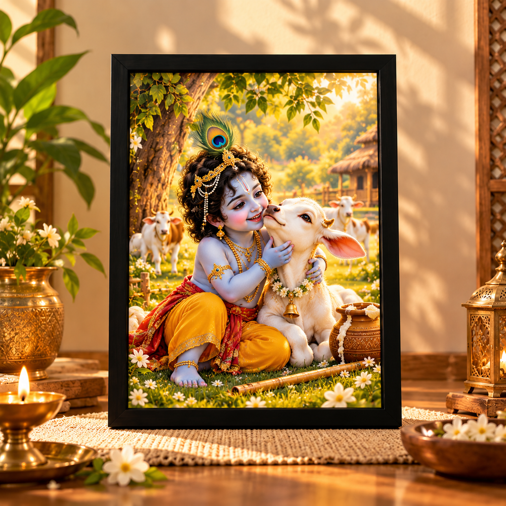 Pack of 4 Lord Krishna Wall Art Frames | Divine Pooja Room Decor