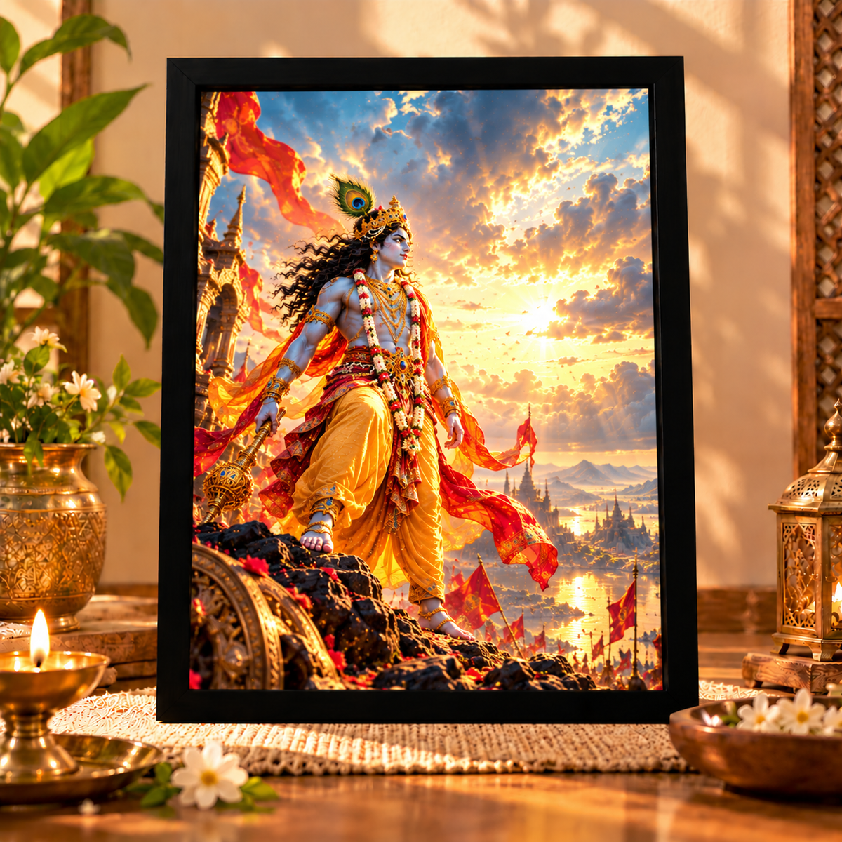 Premium Krishna Photo Frame with Black Frame | A4 Religious Wall Art for Home Décor & Pooja Room