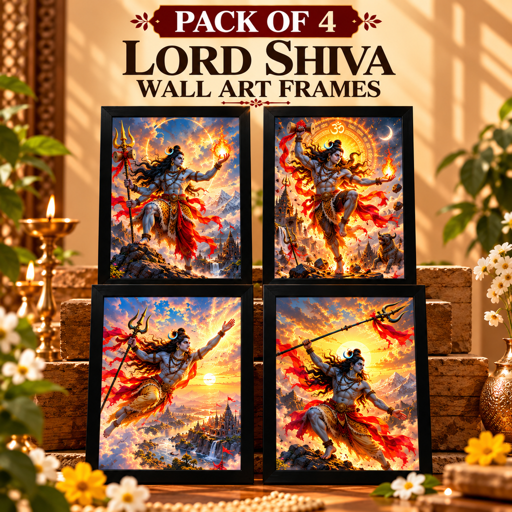 Pack of 4 Lord Shiva Wall Art Frames – A4 Size, Black Frame, Spiritual Home Decor