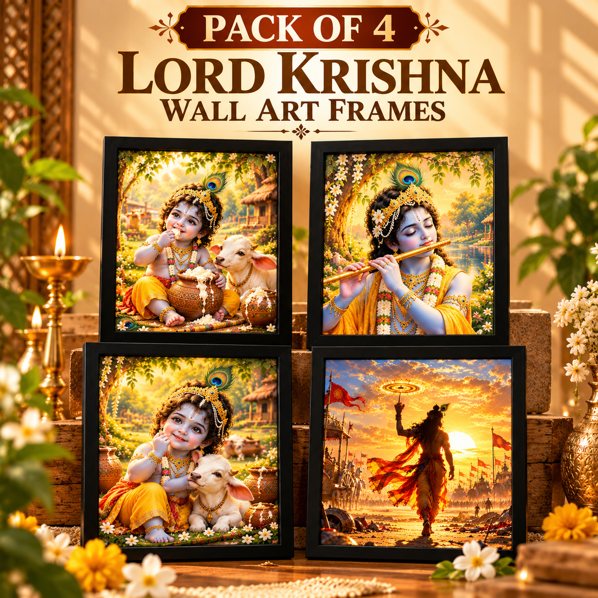 Pack of 4 Lord Krishna Wall Art Frames | Divine Pooja Room Decor