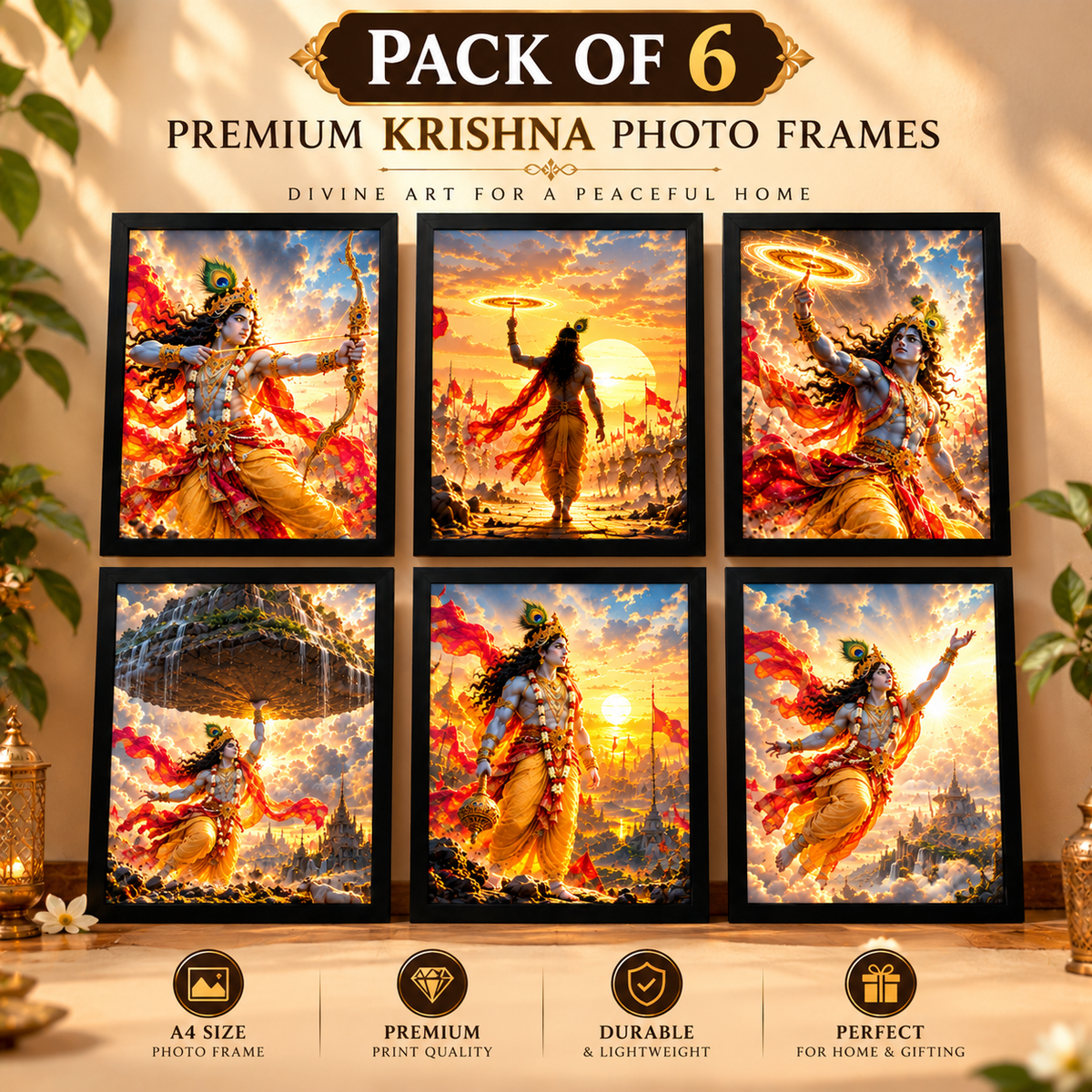 Premium Krishna Photo Frames – Pack of 6 | A4 Religious Wall Art for Home Décor & Pooja Room