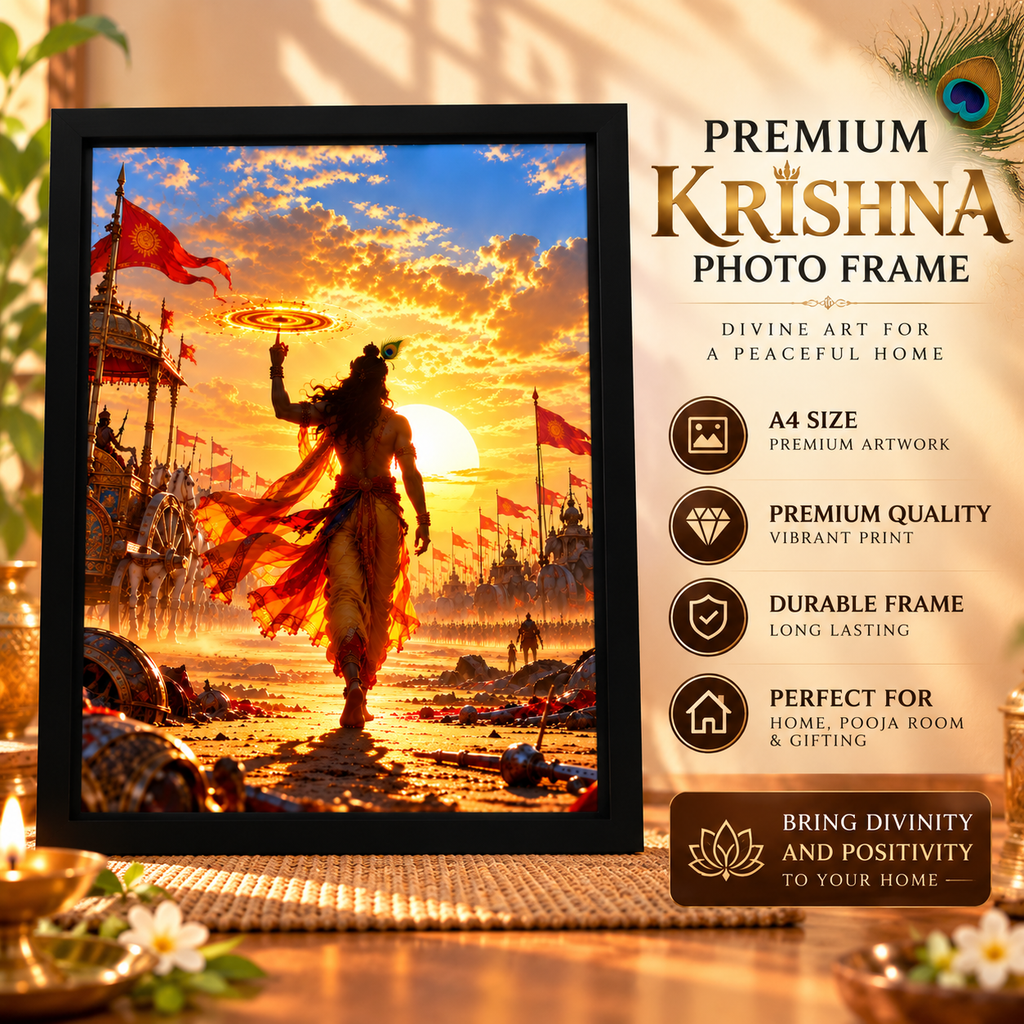 Premium Krishna Photo Frame with Black Frame | A4 Religious Wall Art for Home Décor & Pooja Room