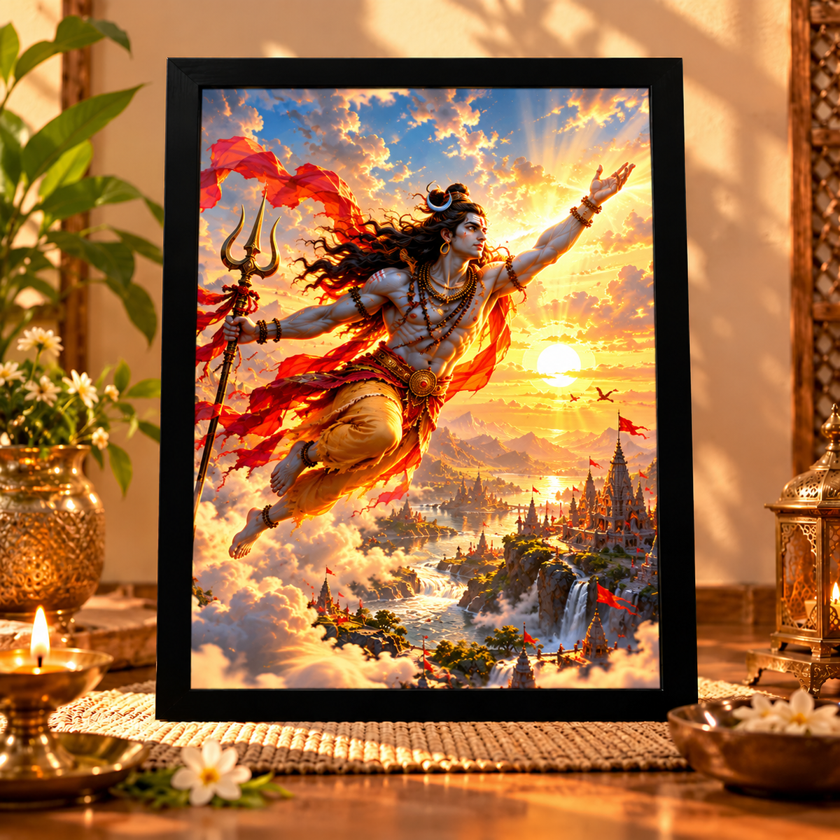 Premium Lord Shiva Wall Art Frames – Pack of 4 | A4 Black Wooden Photo Frames | Divine Religious Artwork for Home & Pooja Room